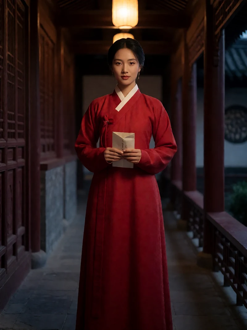 黄果视频古风短剧题材图：虚构成年女子穿红色古风衣裙站在月下长廊