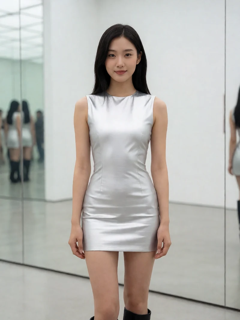 黄果视频幻想短剧题材图：虚构成年女子穿银色舞台短裙站在镜面城市空间
