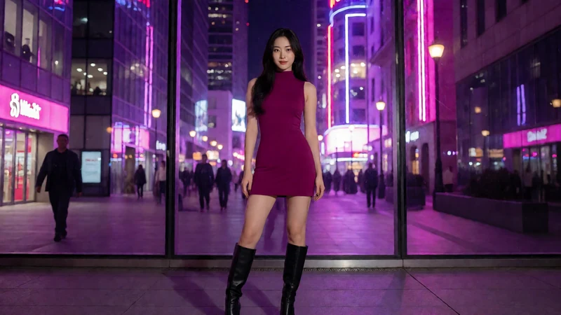 黄果视频首页主题图：虚构成年女子穿紫红色无袖短裙站在霓虹城市夜景中