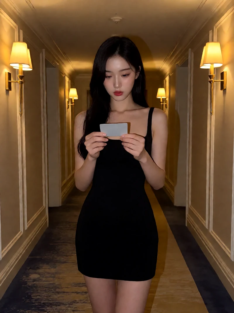 黄果视频悬疑短剧题材图：虚构成年女子穿黑色无袖连衣裙在酒店走廊查看空白房卡