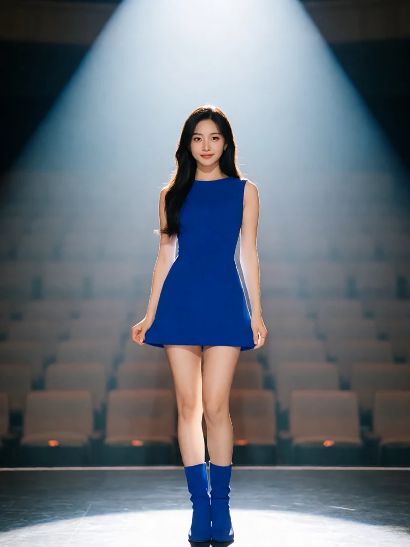 黄果视频舞台短剧题材图：虚构成年女子穿蓝色无袖演出短裙站在灯光舞台上